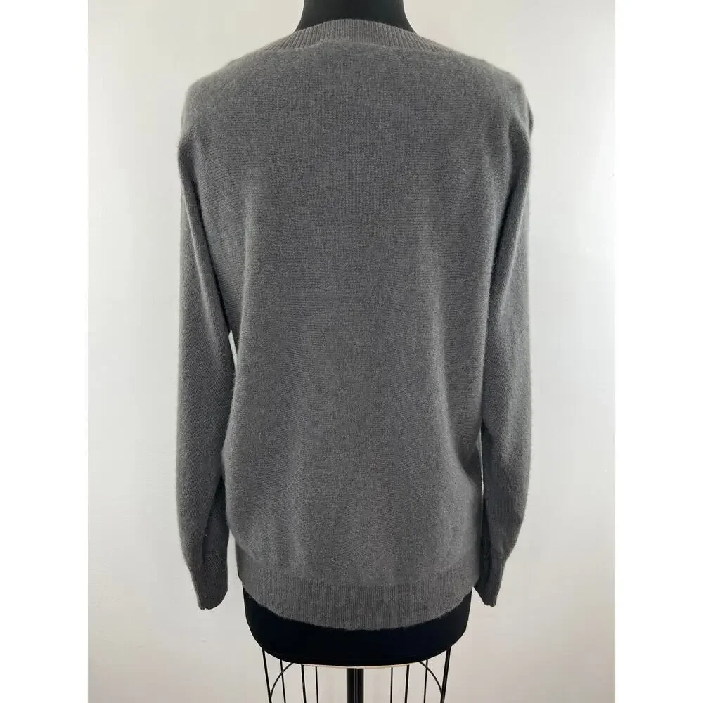 White + Warren Gray Long Sleeve Round Neck Pullover Cashmere Sweater S M